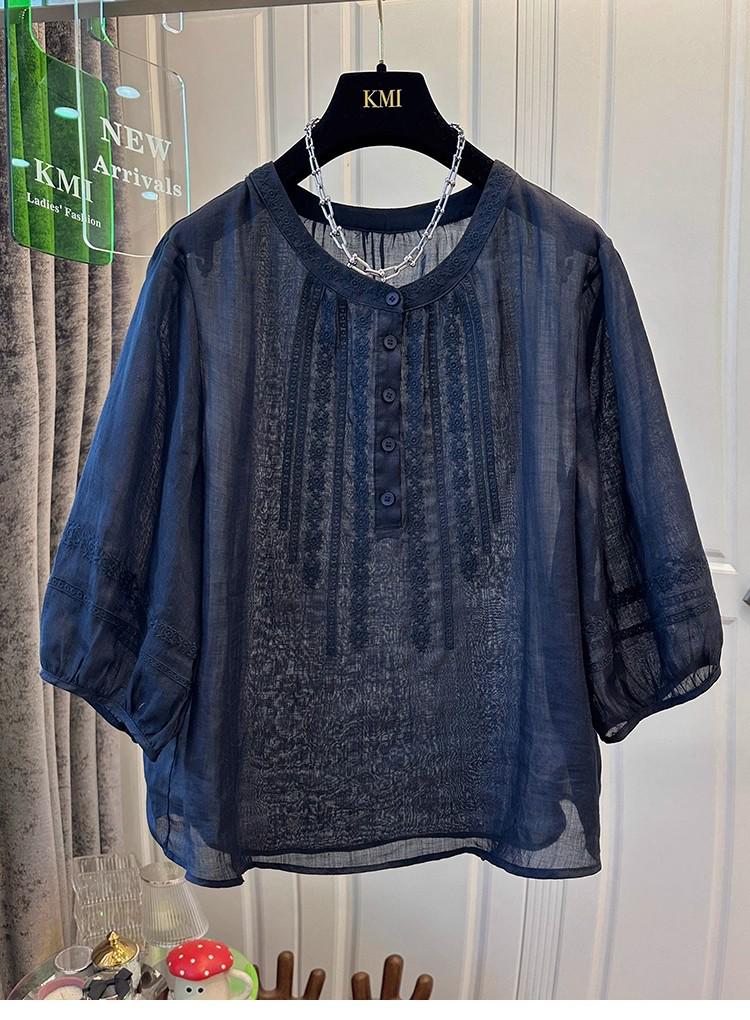 Women's Retro Embroidered Mid-Sleeve Ramie Chiffon Shirt - Lightweight, Loose, Slightly Sheer, Summer 2025 Edition.