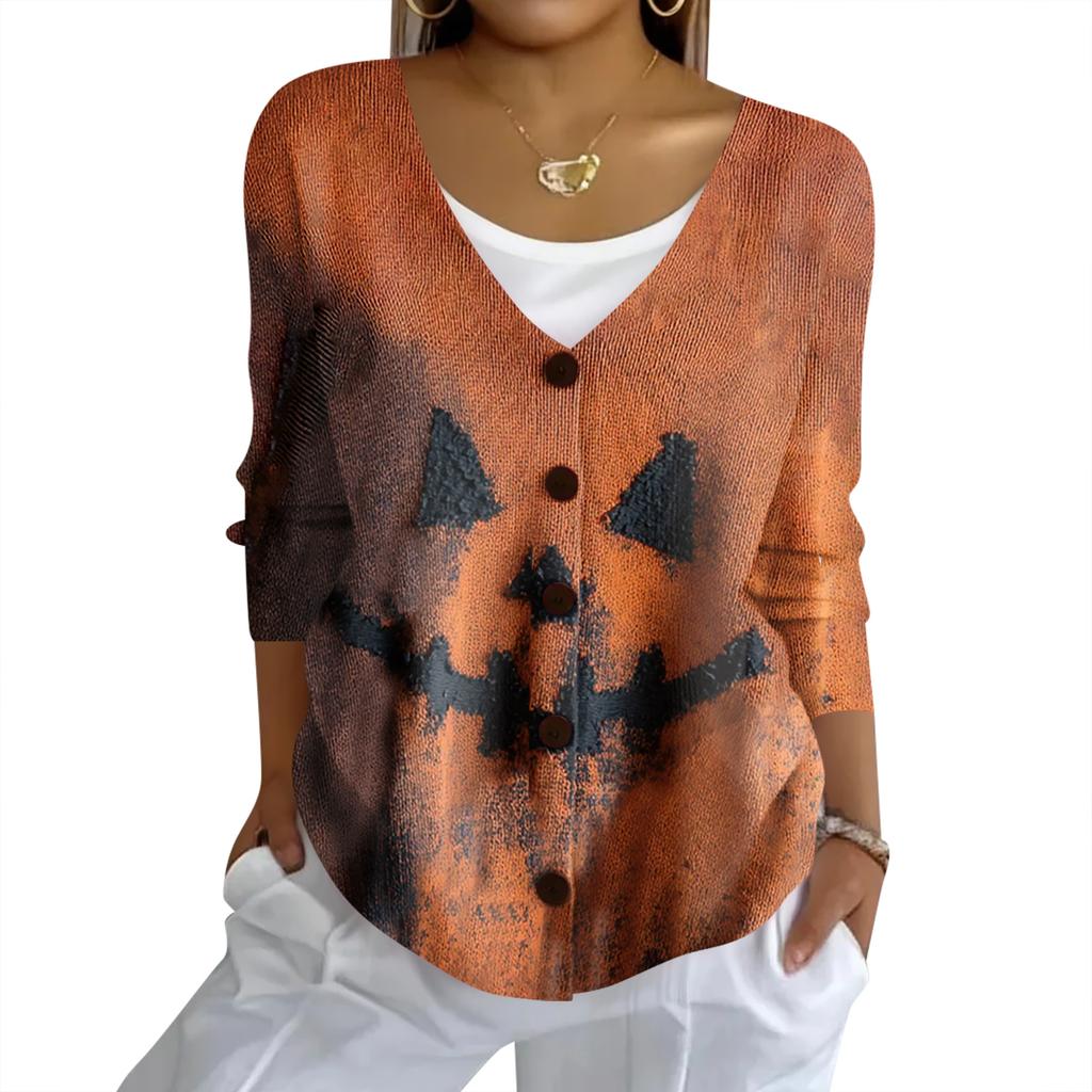 Women's Fashion Casual Knit Sweater Button-Up Halloween Printed  Cardigan Jacket