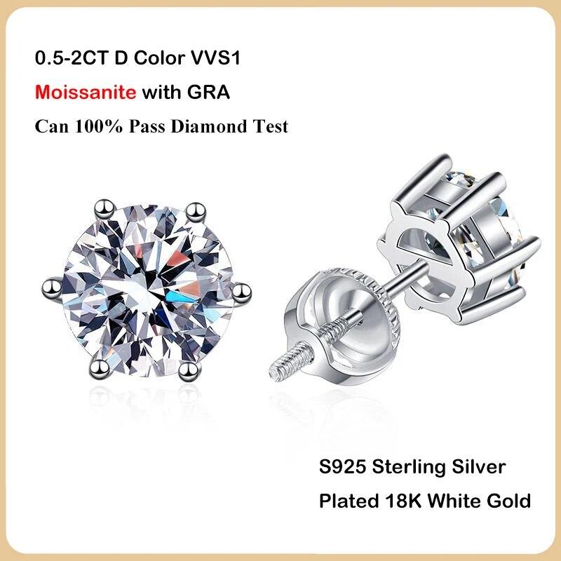 

D Цвет 0,5-2 карата Муассанит Винтовые Серьги Для Женщин Свадебные Ювелирные Изделия Стерлингового Серебра S925 6 Зубцов Серьги-гвоздики с Бриллиантами 1ct(6.5mm) and 1ct