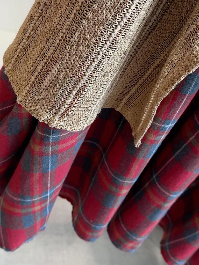 Autumn/Winter 2025 Women's Layered Irregular Color Block Plaid Midi Skirt