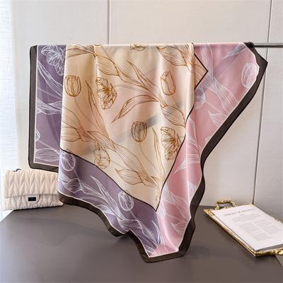 Spring And Summer Contrasting Color Splicing Satin Simulation Silk Printing Large Square Scarf Silk Scarf Shawl Headscarf Neck Protection Scarf