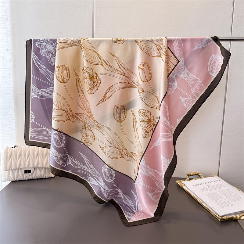 Spring And Summer Contrasting Color Splicing Satin Simulation Silk Printing Large Square Scarf Silk Scarf Shawl Headscarf Neck Protection Scarf