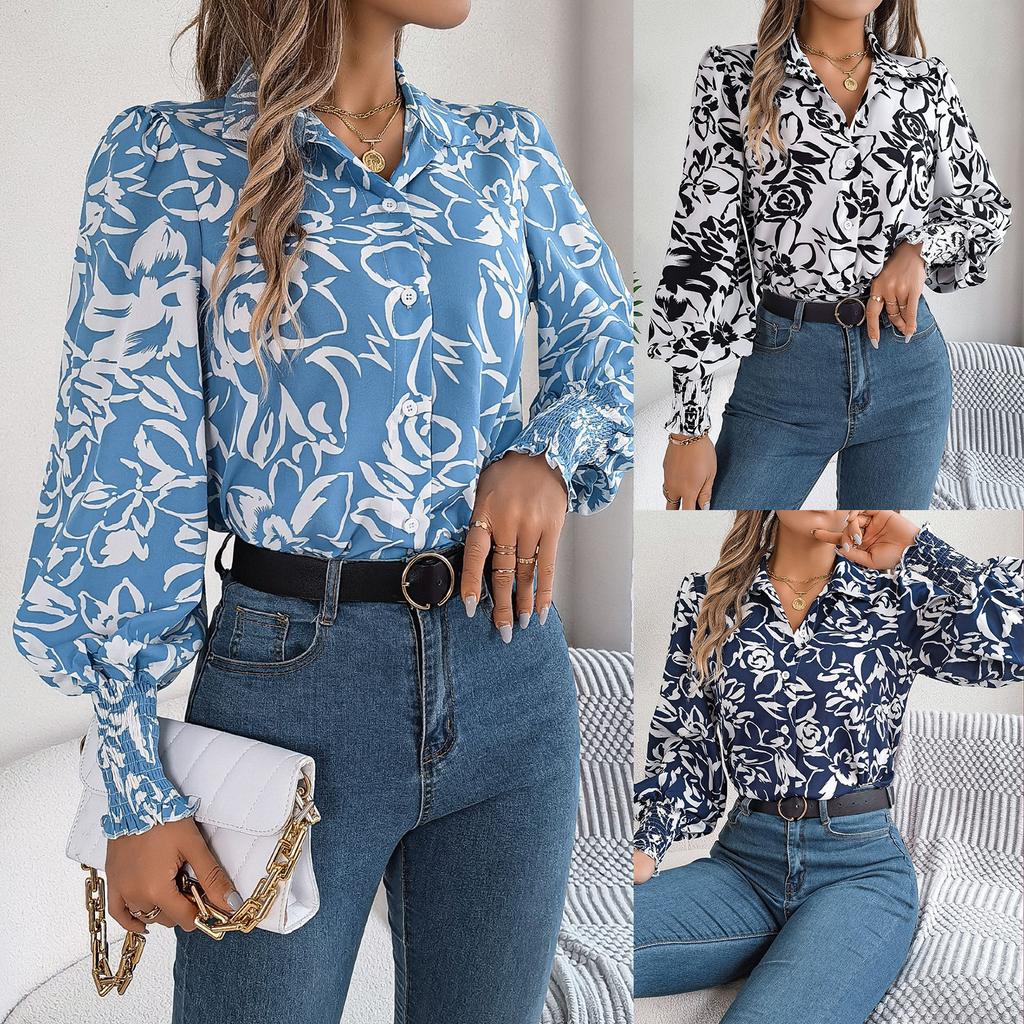 Women Black White Floral Print Button Down Long Lantern Sleeve Blouse