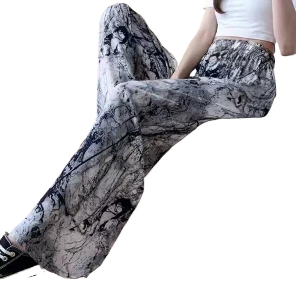 Casual High-Waist Ice Silk Ink Painting Tie-Dye Trousers