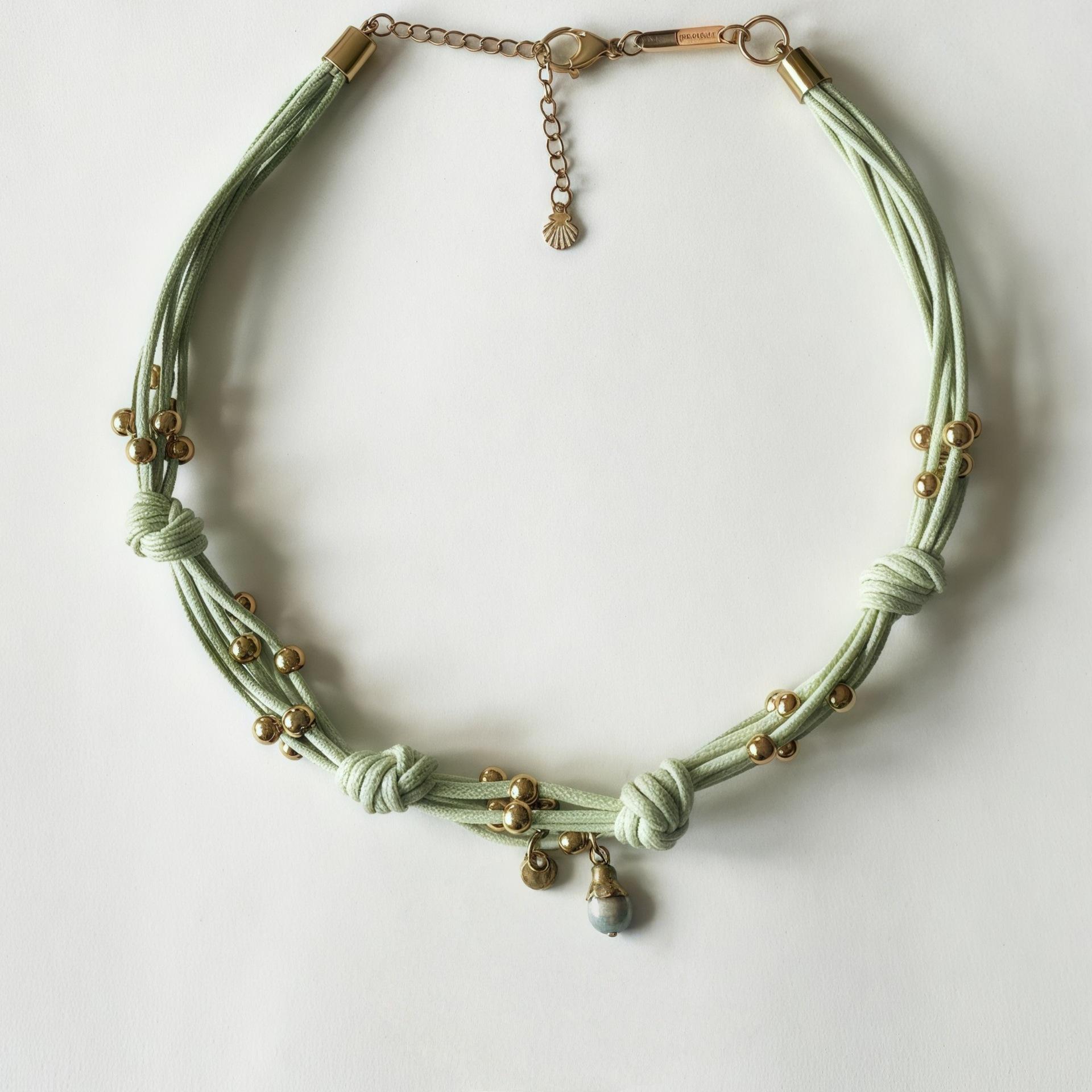 

Multi-Colored Cloth Strip Necklace, Woven Rope Knot Pattern Metal Bead, Personalized Trendy And Niche Design Collarbone Chain