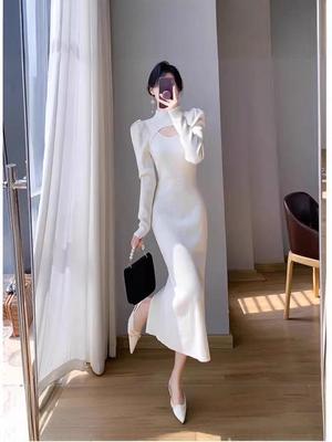 Korean Style Puff Sleeve High Neck Hollow Out Dress - Women's Autumn/Winter 2025 Collection