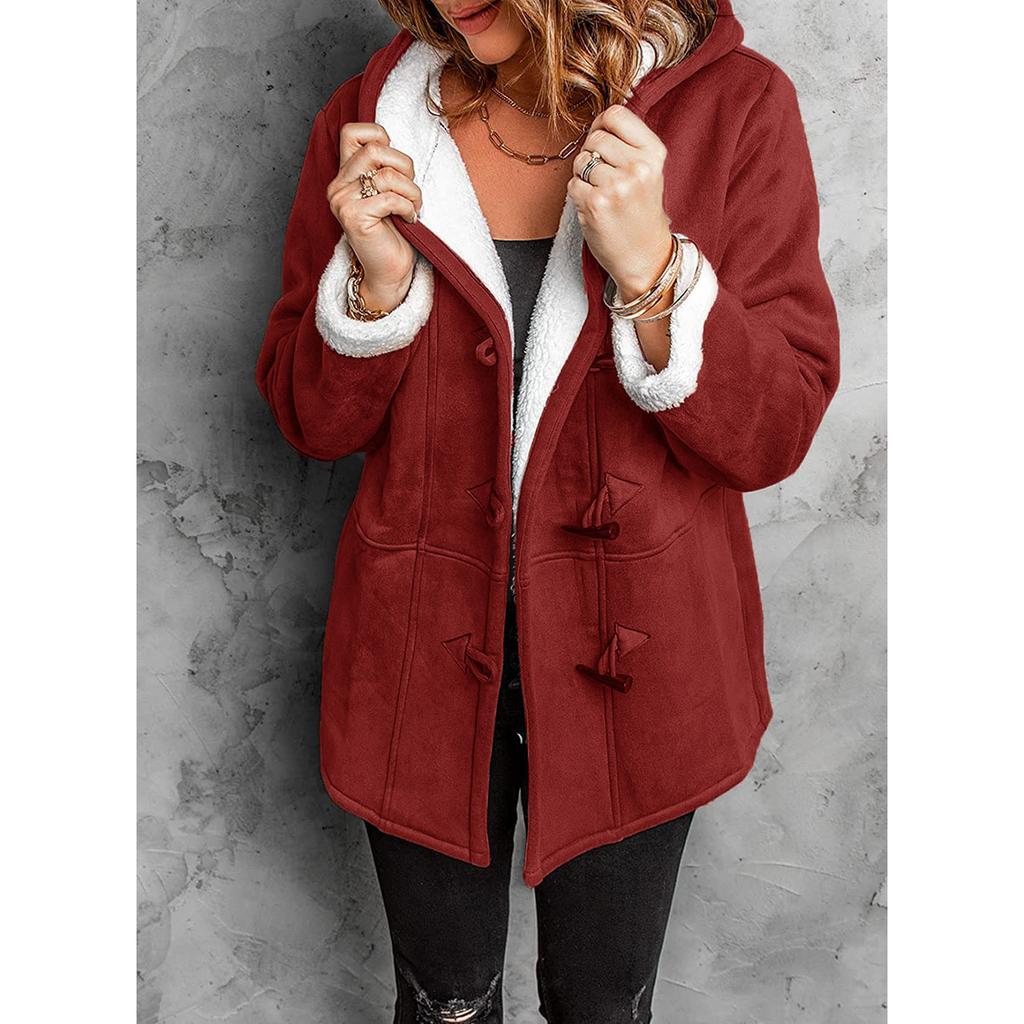 Winter Women's Mid-Length Shearling Coat, Detachable Faux Fur Collar Jacket With Pockets, Simple Pure Color Casual Buttoned Cardigan For Daily Wear