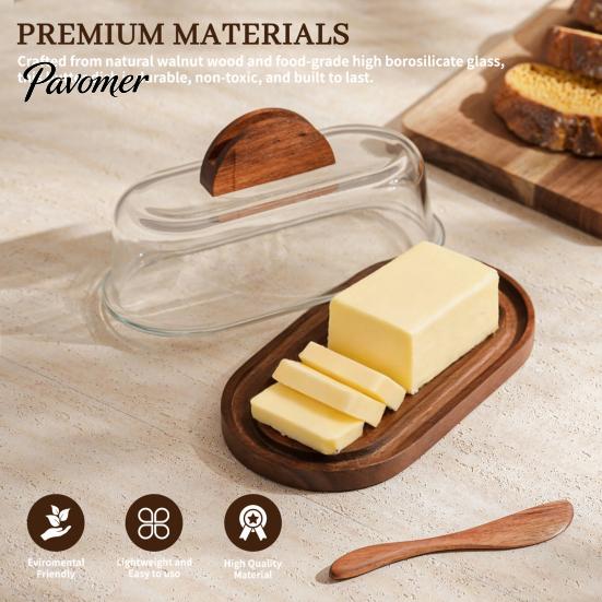 Japanese Style Butter Tray Wooden Dish with Glass Lid And Knife, Holder for Kitchen Spreader Countertop & Refrigerator, Keeper Tray, Container, Cheese