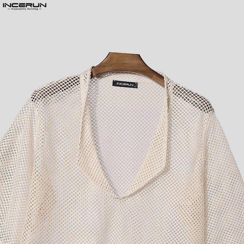 INCERUN Oversized Men Deep V Long Sleeve Hollow Loose T-shirts Tops