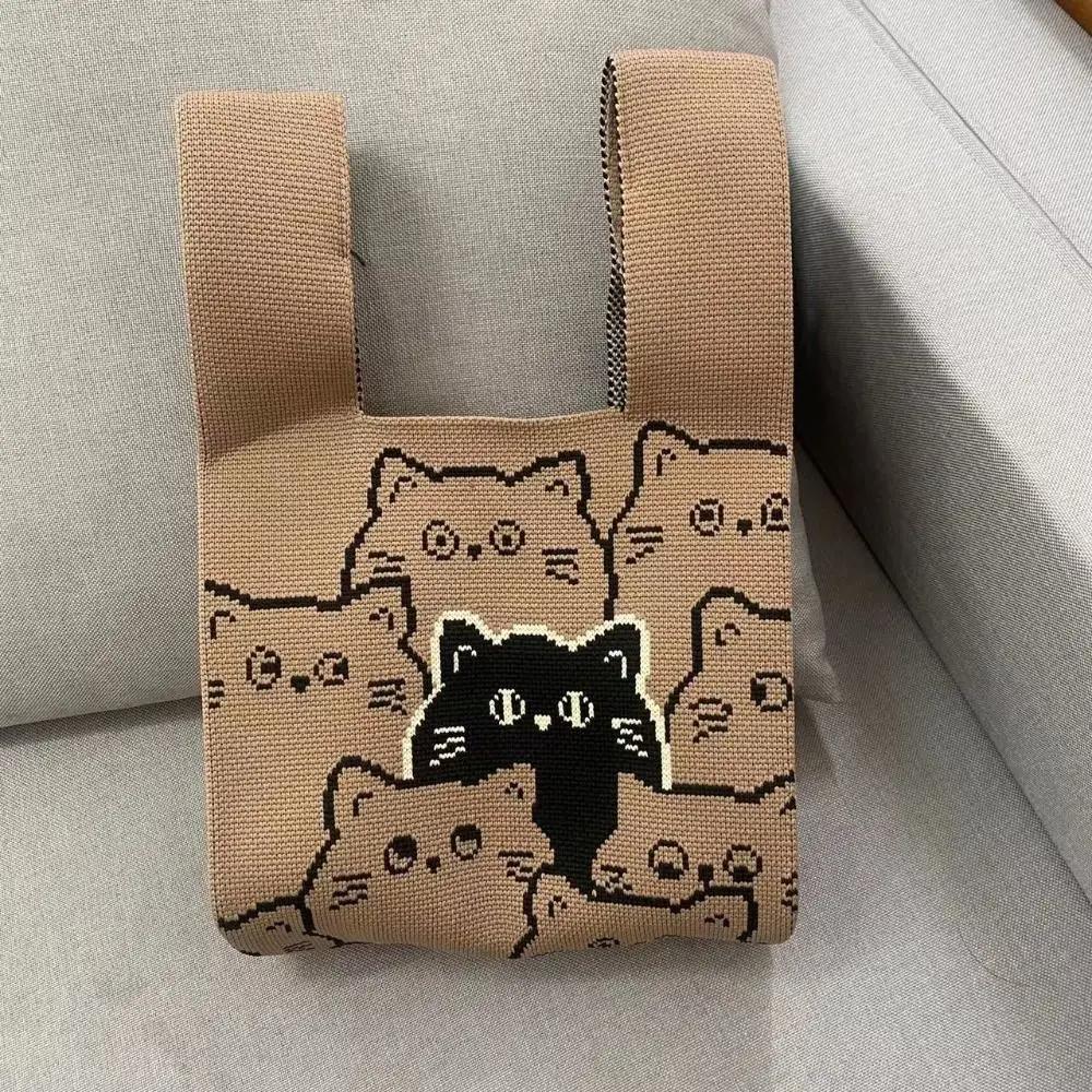 Cat Knit Handbag Casual Handmade Knit Shopping Bags High-capacity Knot Wrist Bag Girls