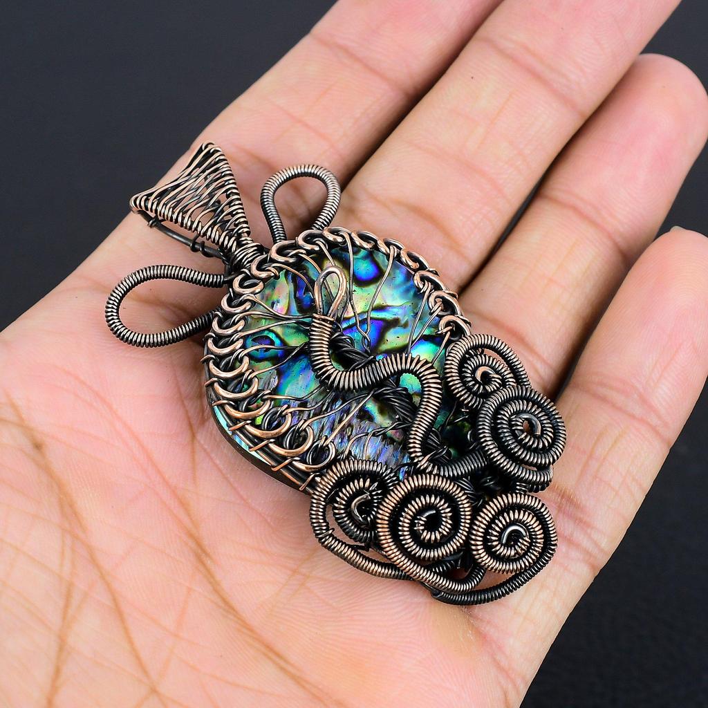 Abalone Shell 999 Copper Wire Wrapped Pendant, Handmade Gemstone Pendant Jewelry, Gifts For Wife Brand New Pendant