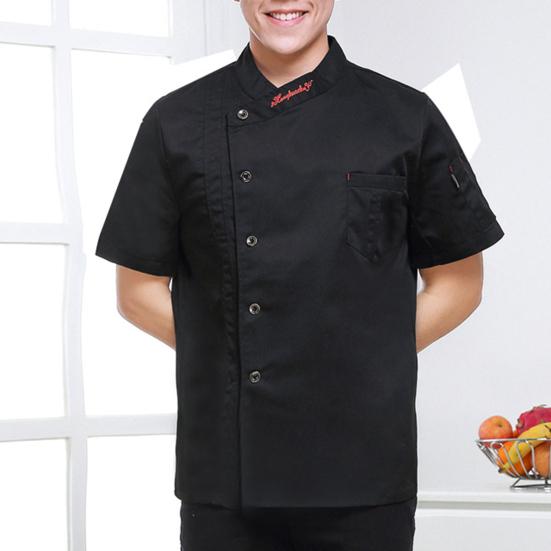 Şef Üst ​​Yama Cep Tek göğüslü Stand Yaka Düğmeler Kısa Kollu Catering Restoran Unisex Artı Boyutu Şef Üniforma Pişirme Kıyafetleri