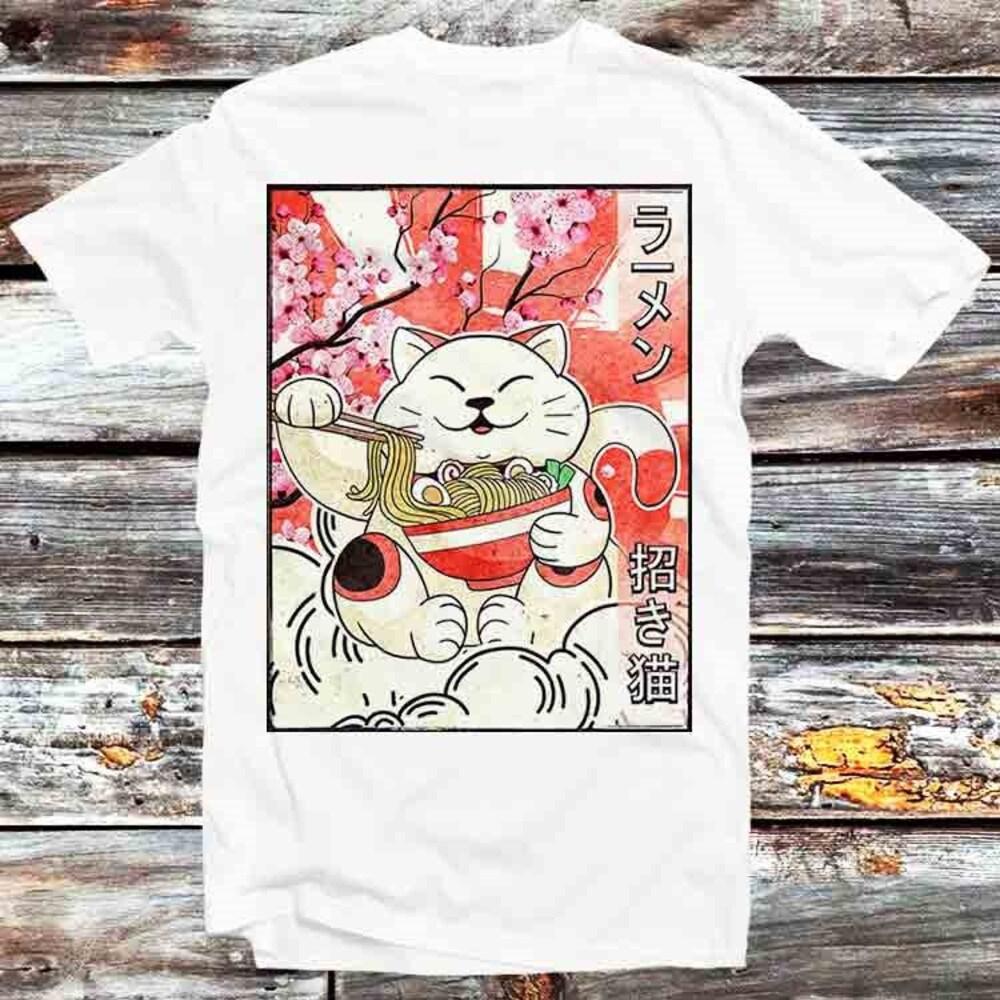 

Футболка из 100% хлопка плотностью 230 г/м2 с японской лапшой Maneki Neko Cat Ramen, винтажная ретро-подарочная мужская женская унисекс-футболка с рисунком аниме B1252 XS белый