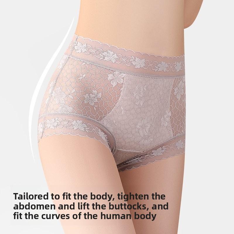 Ladies Summer Lace Camellia 10A Antibacterial Mulberry Silk Extended Crotch Ice Silk High Waist Belly Triangle Briefs