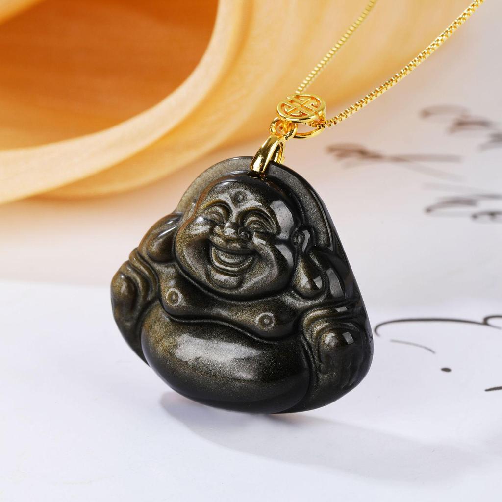Exquisite Natural Gold Obsidian Laughing Buddha Pendant Amulet Necklace with Clavicle Chain.