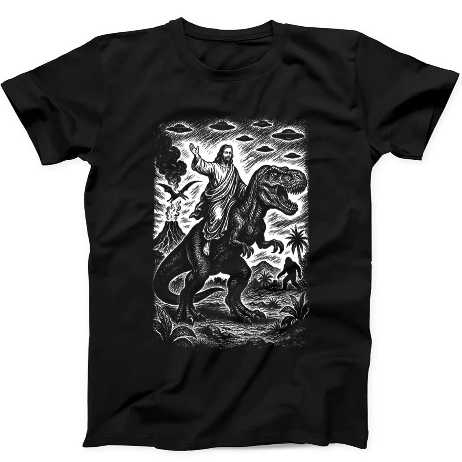 

Jesus Riding Dinosaur UFO Bigfoot Volcano Weird Funny Black Gift Tee T Shirt 440 5XL різнокольоровий