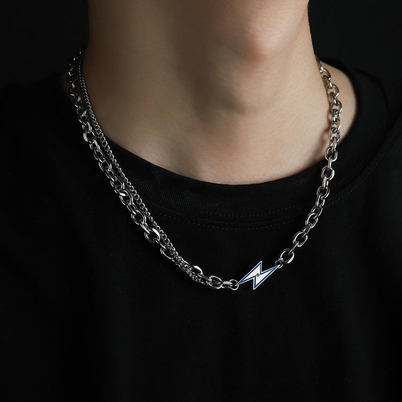 Blue lightning titanium steel double layer necklace - trendy cuban chain jewelry for men and women Regular style