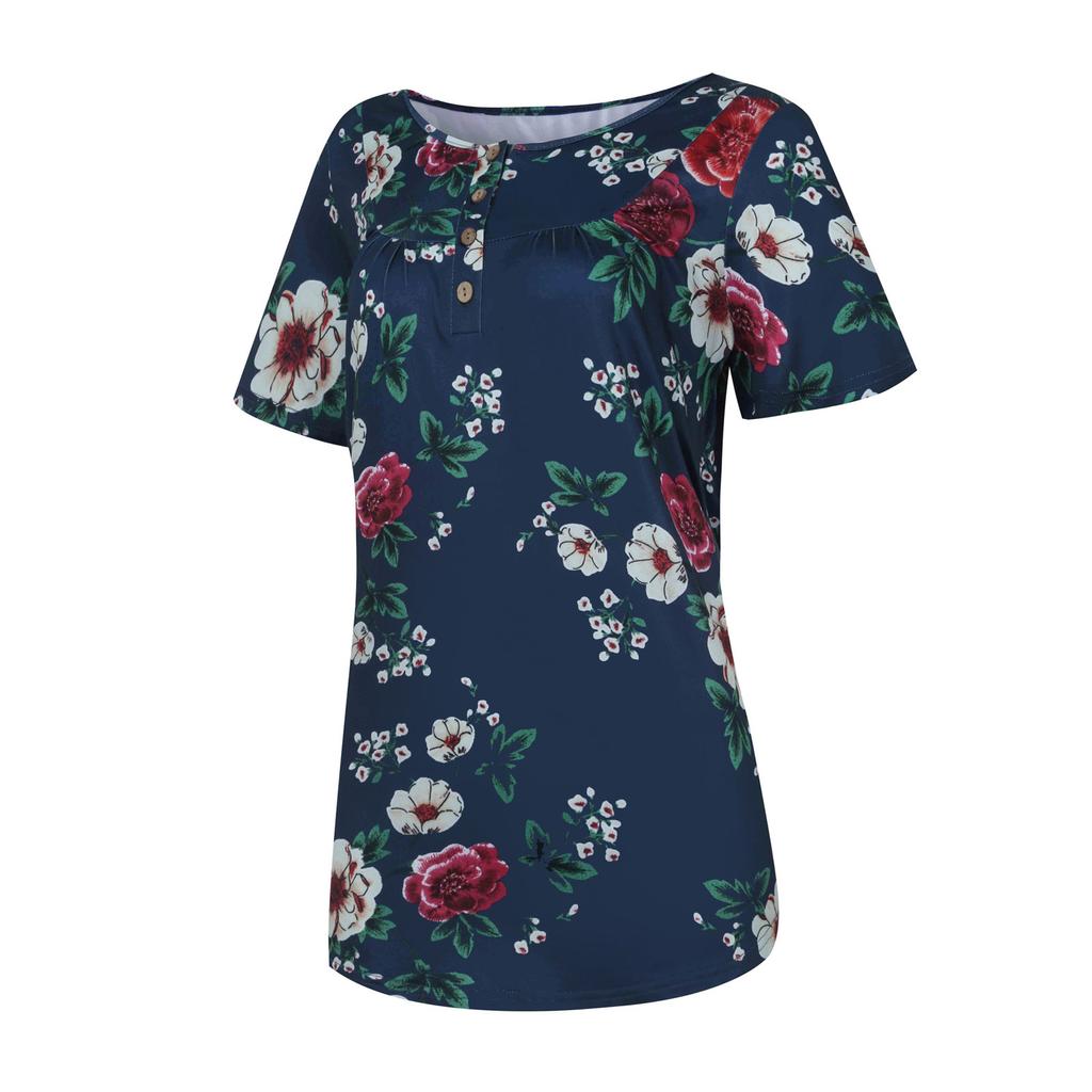 Fashionable Women Slim Tops Casual V-neck T-shirt Button Pullover Short Sleeve