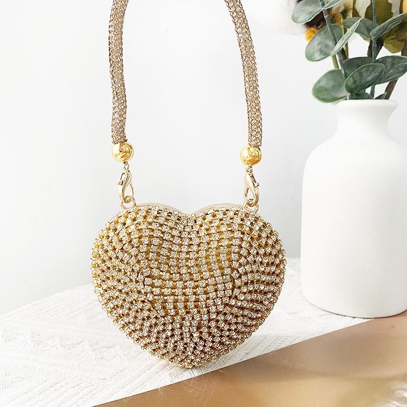 Mini Heart-Shaped Chain Purse With Rhinestone Embellishment - Hard Box Clutch Evening Daily Wear