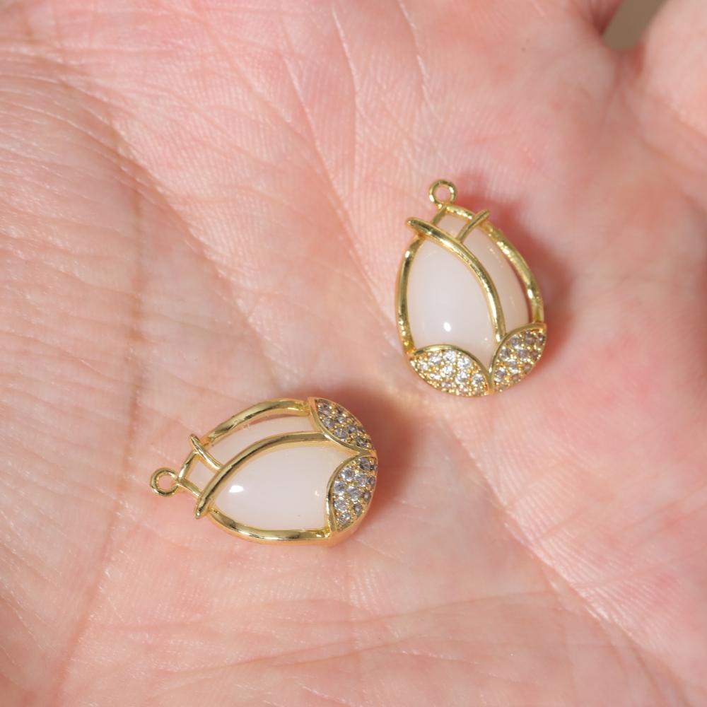 Copper Tulip Flower Charms with Green & Clear Zirconia, Golden Plated, 2pcs for DIY Jewelry Making