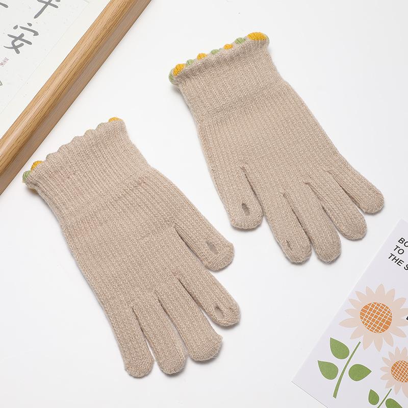 Winter Korean Women Solid Color Touchscreen Warm and Windproof Cycling Finger Candy Bean Knitted Gloves