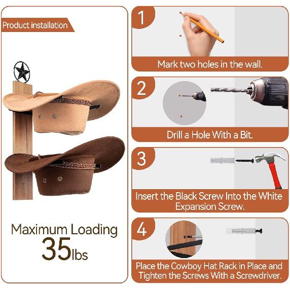 AJART Western Cowboy Hat Storage Rack: Cowgirl Wall Decor for Home - 6 Pieces Cowboy Hat Oragnizer Hooks - Brown Cowboy Hat Display Hanger