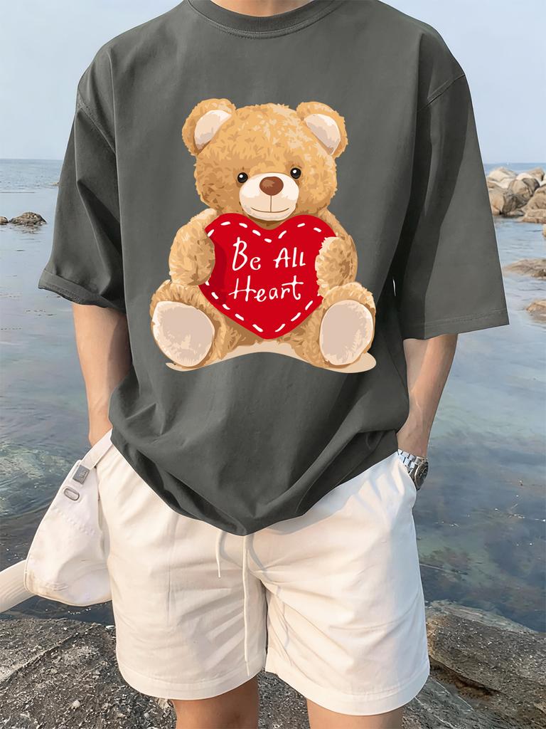 Cartoon Bear Gives You His Heart Prints TShirts Womens Summer Cotton Tops ONeck Soft Loose Short Sleeve Tees Casual Clothes