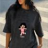 Cute Korean Cartoon Letter Print Vintage Washed Black Oversized T-Shirt Crew Neck Short Sleeve Tee for Women Streetwear