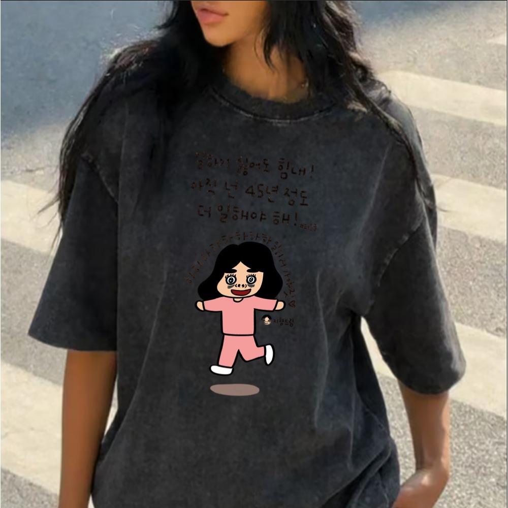 Cute Korean Cartoon Letter Print Vintage Washed Black Oversized T-Shirt Crew Neck Short Sleeve Tee for Women Streetwear