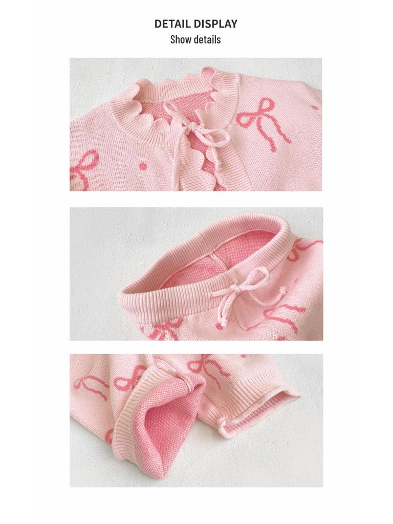 Girls' Autumn-Winter Bow Knit Cardigan & Pants Set