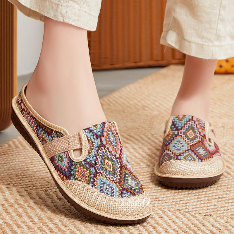 CRLAYDK Retro 2024 Summer Women's Bohemian Woven Casual Shoes Slip On Travel Slides Flats Lady Home Outdoor Walking Sneakers