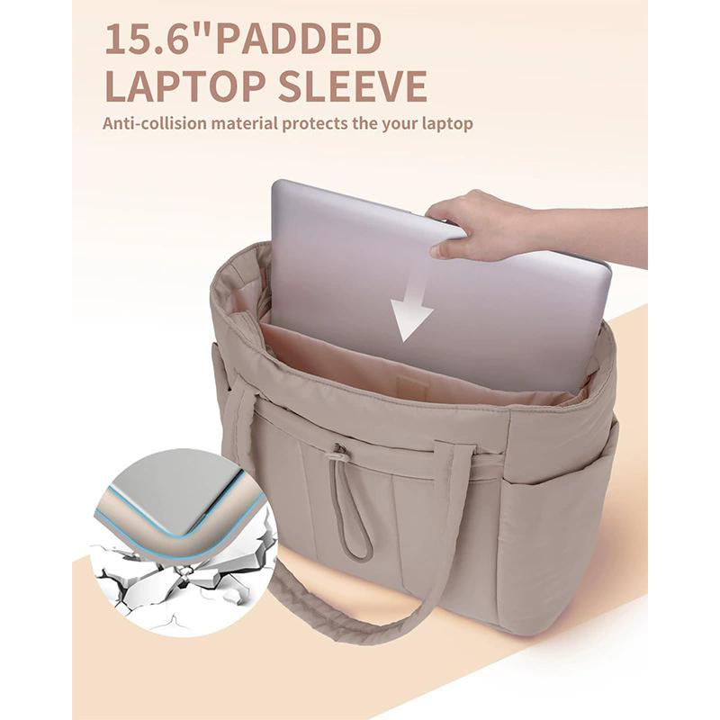 Women's Lightweight Quilted Tote Bag with Compartments, Large Capacity 15.6 Inch Laptop Shoulder Bag for Work, Nurse, Teacher, Travel & Gym
