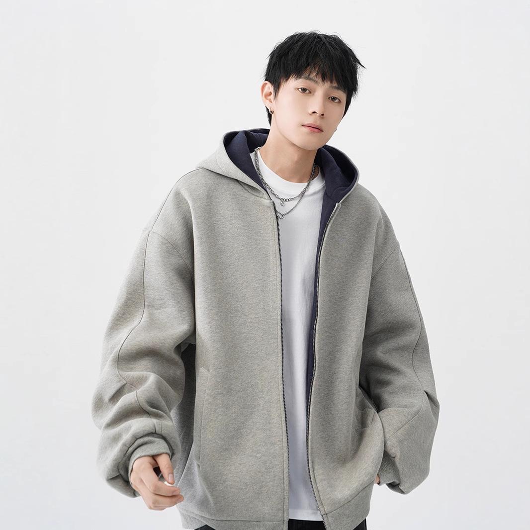 

Men s Heavyweight Color Block Hoodie Jacket - Autumn/Winter Casual Thickened Double Zipper Cardigan M світло-сірий колір