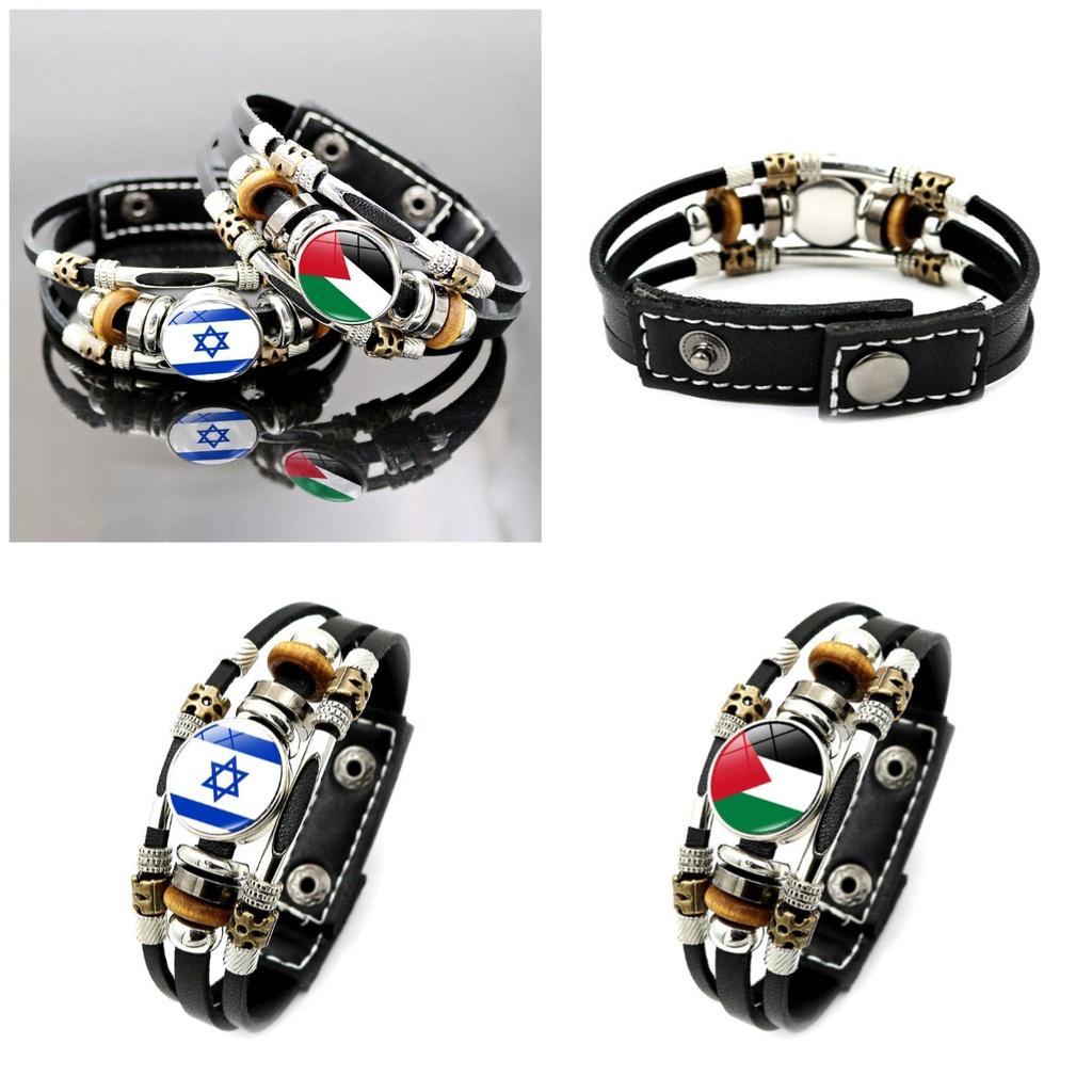 Israel Palestine Flag Pendant Leather Bracelet Handmade Men Accessory Boys Gifts