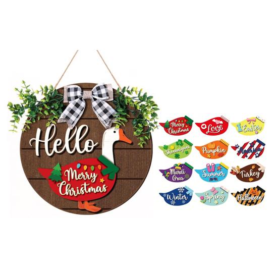 

13 Pcs/Set Interchangeable Wooden Goose Welcome Sign Seasonal Farmhouse Front Door Decor Rustic Hello Geese Round Wreath for Indoor Outdoor Porch Wall 1 Set