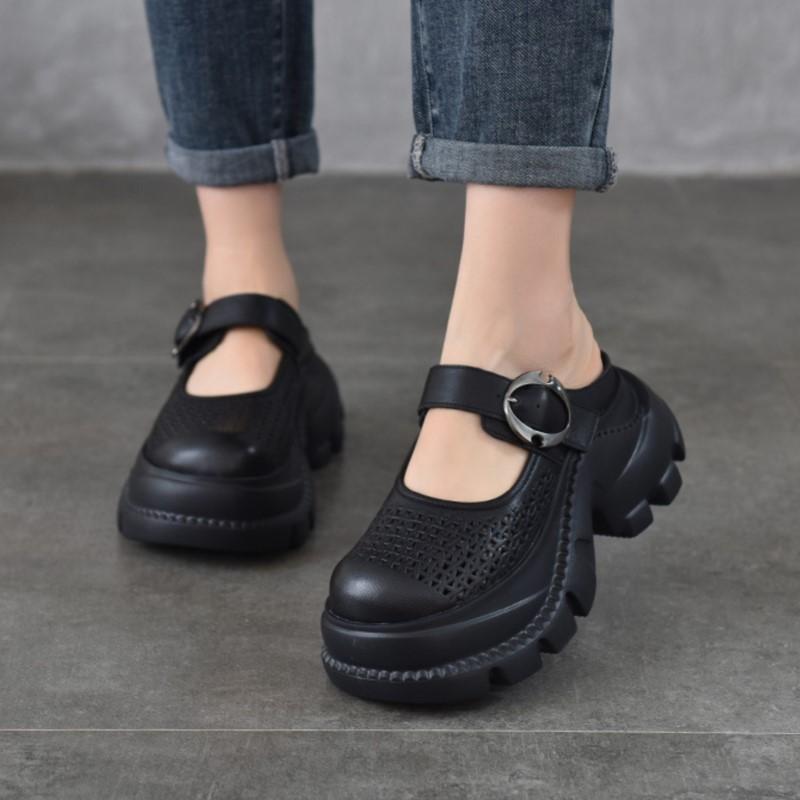 Johnature Легкі шльопанці з товстою підошвою та круглим носком з натуральної шкіри, перфоровані, дихаючі, жіноче взуття