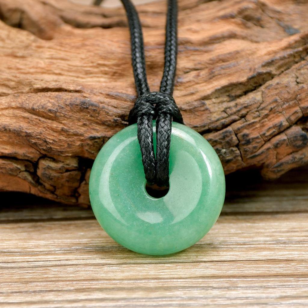 Green Aventurine Round Pendant Necklace with Leather Cord