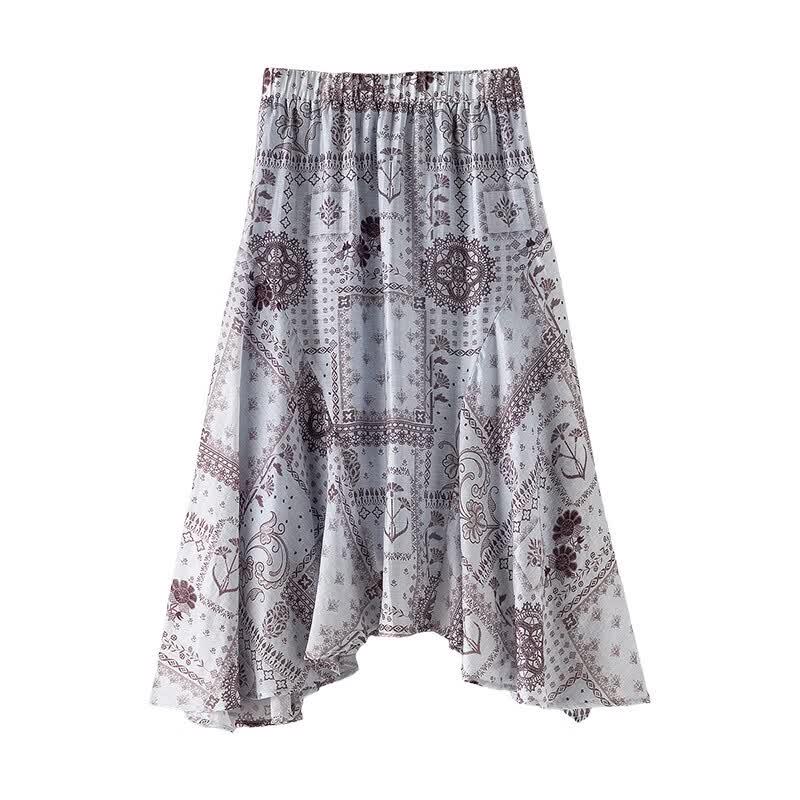 Women's Bohemian Floral Lyocell Linen A-Line Midi Skirt