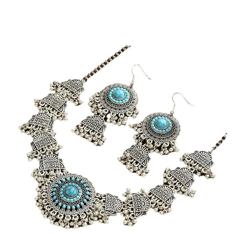 Fashion Gemstone Tassel Necklace Earrings Set for Women , Vintage Geometric Alloy Jewelry