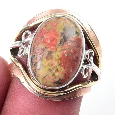 Natural Unakite Gemstone Handmade 925 Sterling Silver Two Tone Ring S.6.5 R6O26