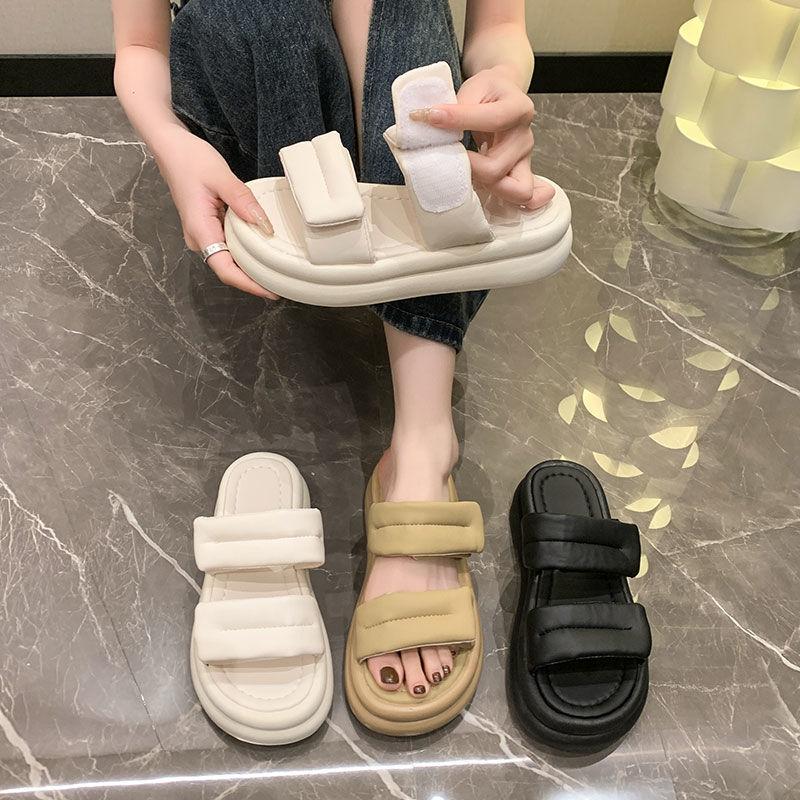 Muffin thick-soled cool slippers women's summer wear 2025 new Velcro beach sandals fashion and high-end one-word drag