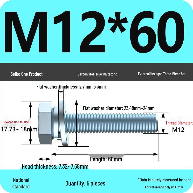 Grade 8.8 Galvanized Hex Bolt Set: Includes Hex Bolt, Spring Washer, Flat Washer (Sizes: M4, M5, M6, M8, M10, M12)