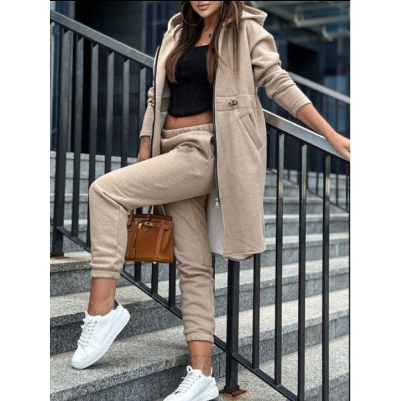 

Fashion Fashion Casual Hoodie Coat Two-piece Set Female Women Casual Two-Piece Set Khaki M
