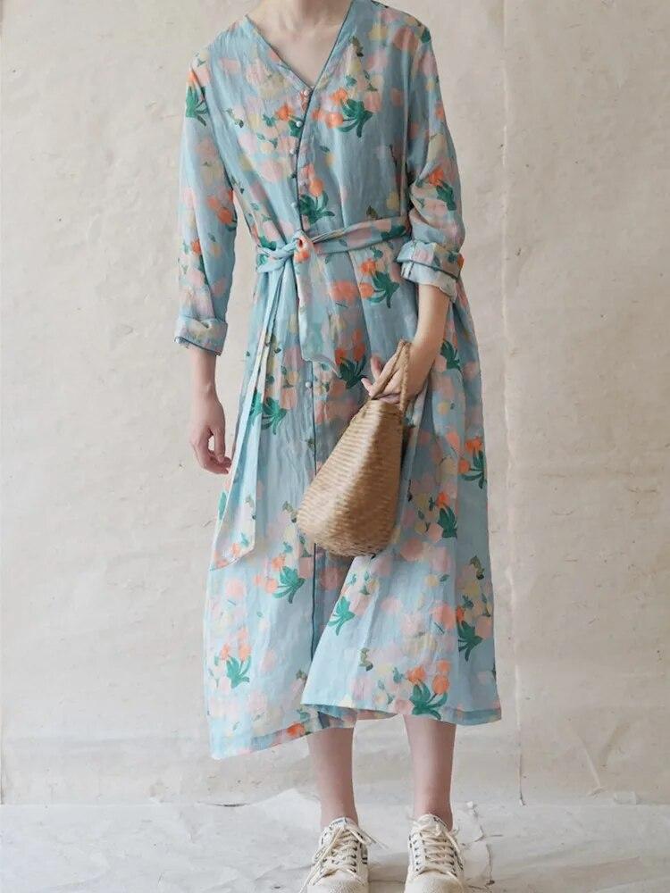 Johnature Women Vintage Print Floral Bandage Dresses V-Neck Long Sleeve High Quality Robes Spring Button Dress