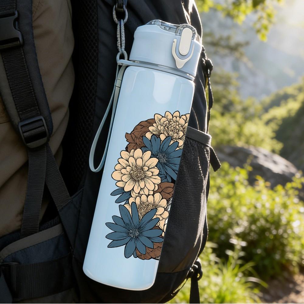 1PC Floral Vintage Skull 750ml Color Plastic Sports Water Bottle Leakproof Flip Straw Lid Suitable for Sports Office Home Use