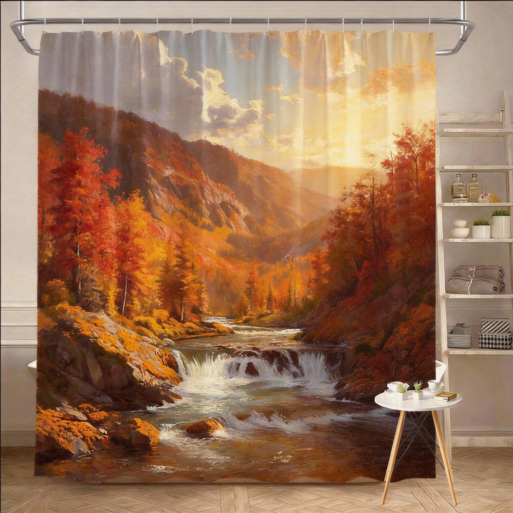 Nature Shower Curtain 180x180cm – Serene Mountain Landscape with River & Pines, Scenic Bathroom Decor, 12 Hooks