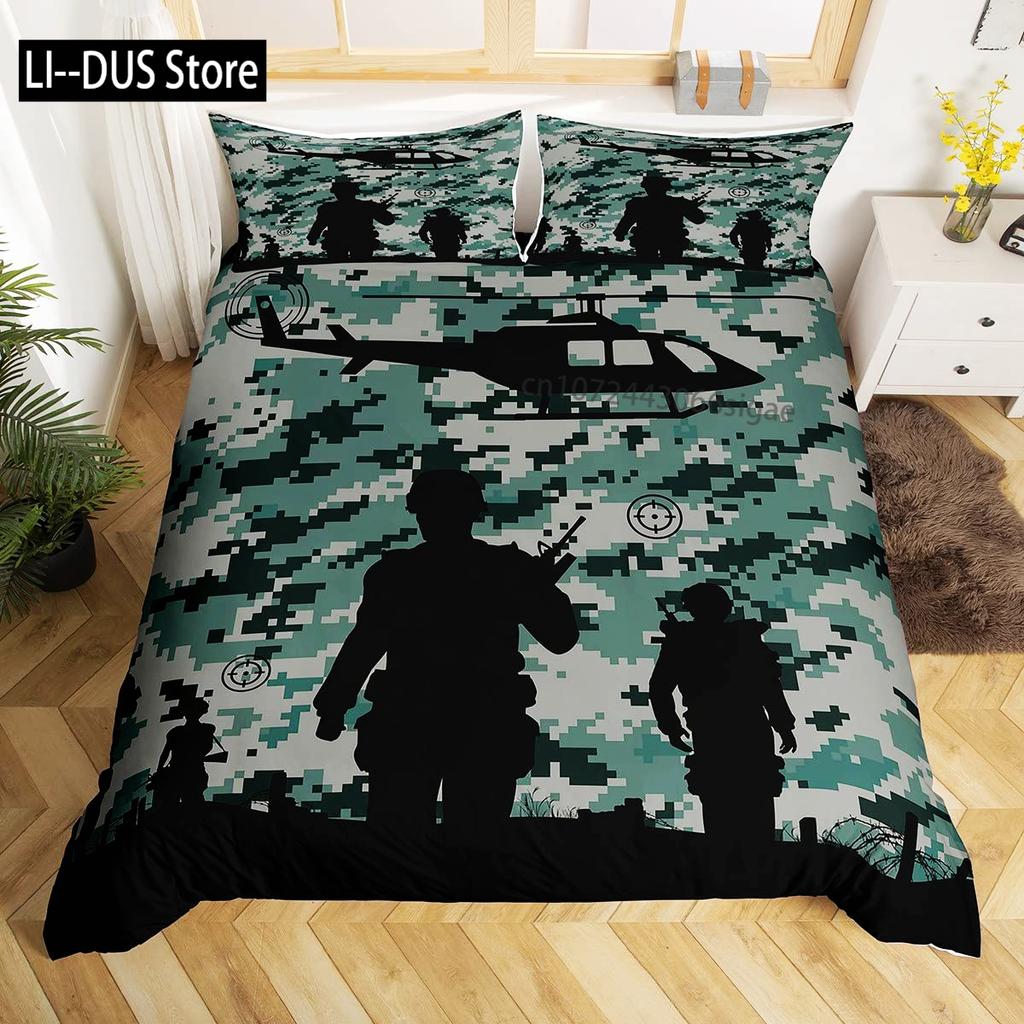 Soldier Duvet Cover Set King Size Soldier Helicopter Silhouette Bedding Set Microfiber 2/3pcs Green Black Military Quilt Cover