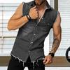 Revers Ärmellose Weste Jacke Einreiher Pattentaschen Quaste Herren Sommer Einfarbig Denim