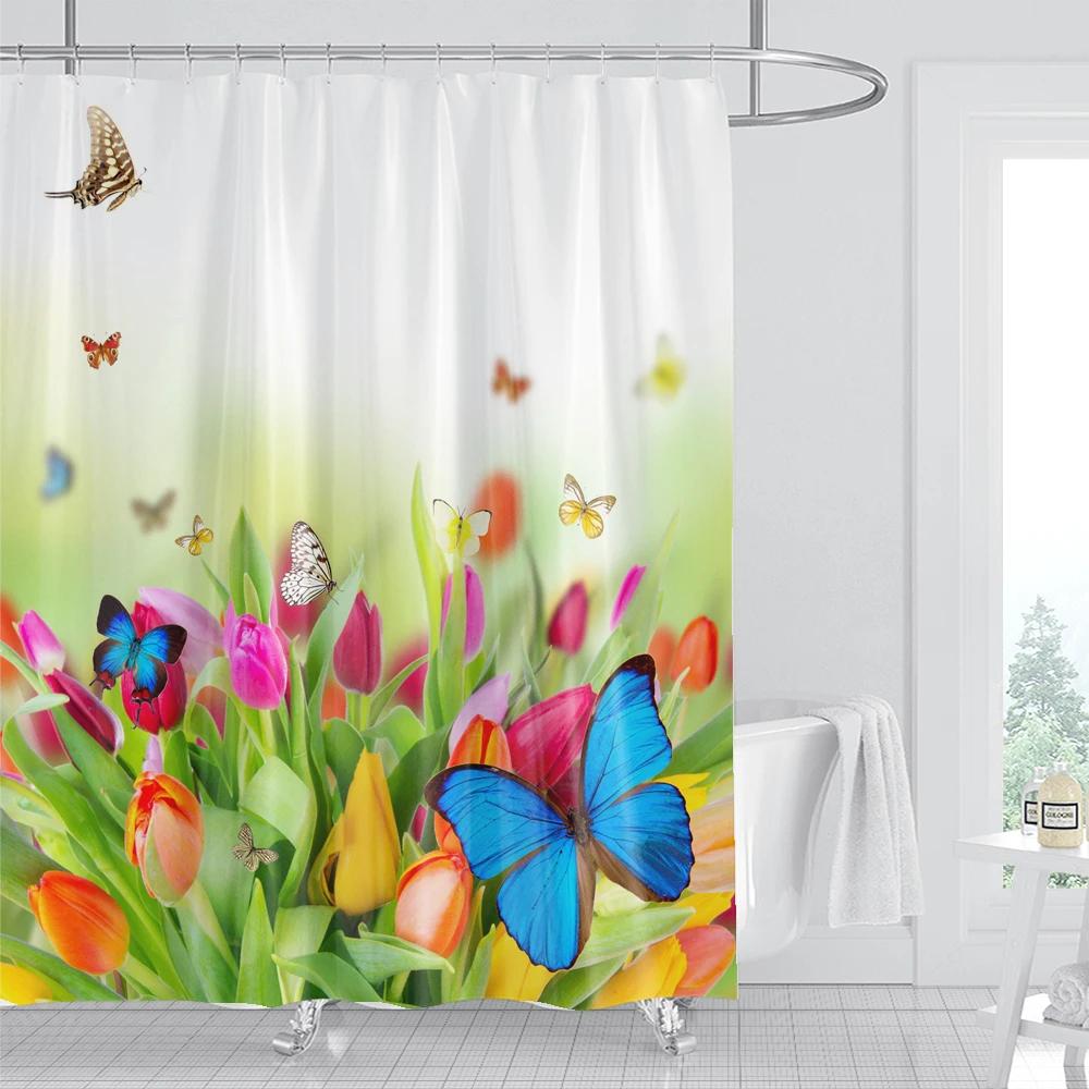 

1Pcs Fresh Flowers Style Waterproof Shower Curtain, Blue Butterfly Of Flower Bathroom Decoration Curtain, With Plastic Hooks W60H190(CM)-1 Pcs