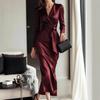 Women's Wrap Satin Silky Midi Dress Long Sleeve V-Neck Tie Waist Formal Dress Cocktail Party Wedding Guest Dress